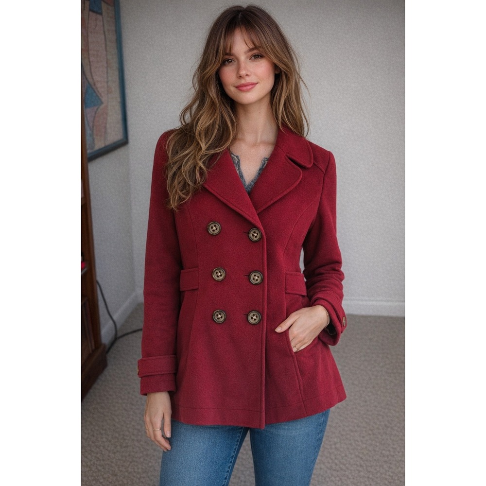 Fossil Womens Red Double Breasted Wool Blend Peacoat Jacket Burgundy Medium